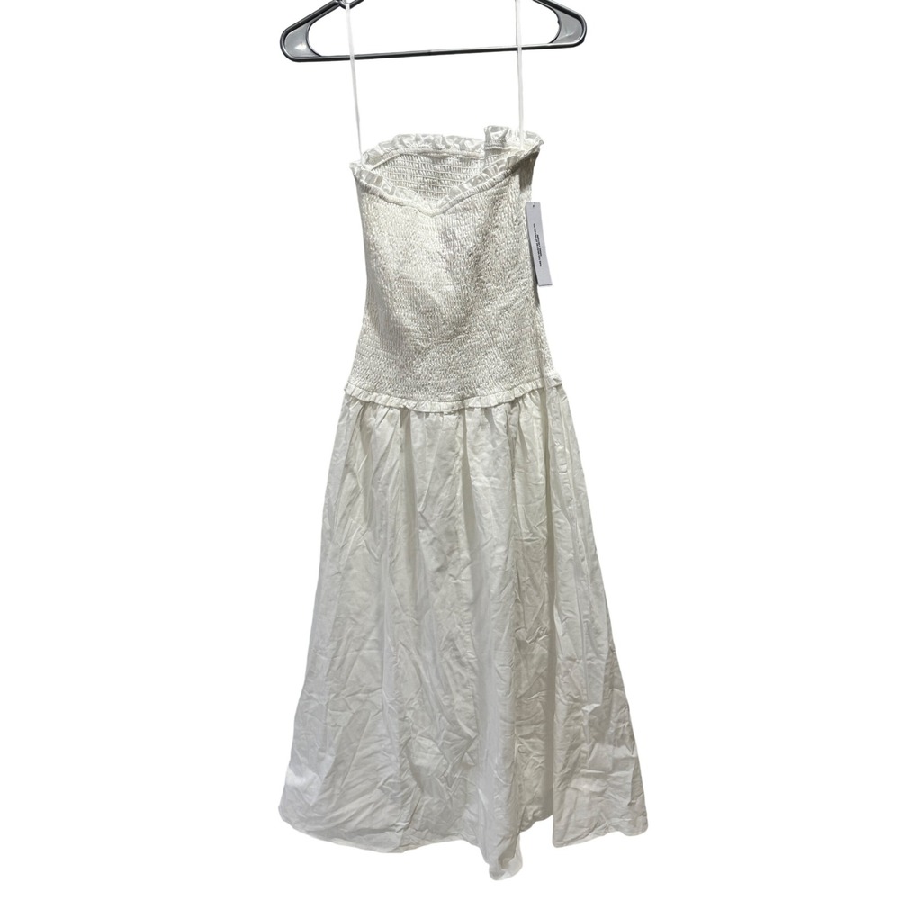 Princess Polly White Smocked Strapless Midi Dress Cotton Linen Blend Size 4 - Picture 4 of 8